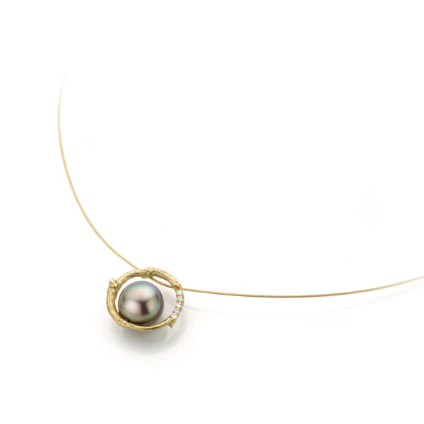 Geelgouden collier met diamanten en parel - Afbeelding 3