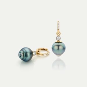 14 kt oorringen met tahiti parels en diamant